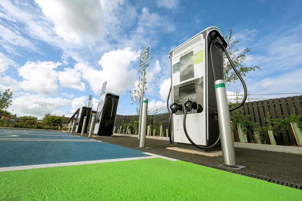 EV Charging Station with sun-shield brow and high-pressure cross-flow fans