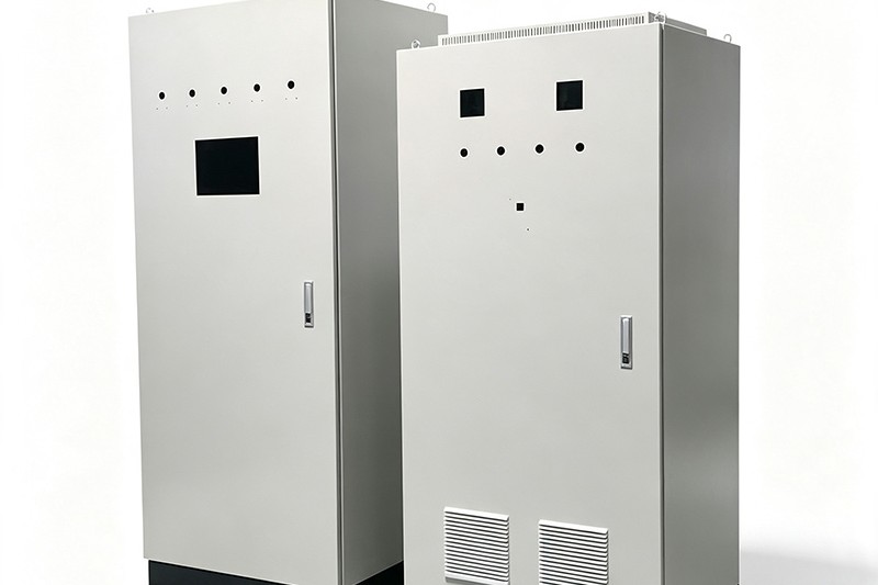 Two sealed sheet metal outdoor cabinets with gasketed doors and bottom ventilation louvers