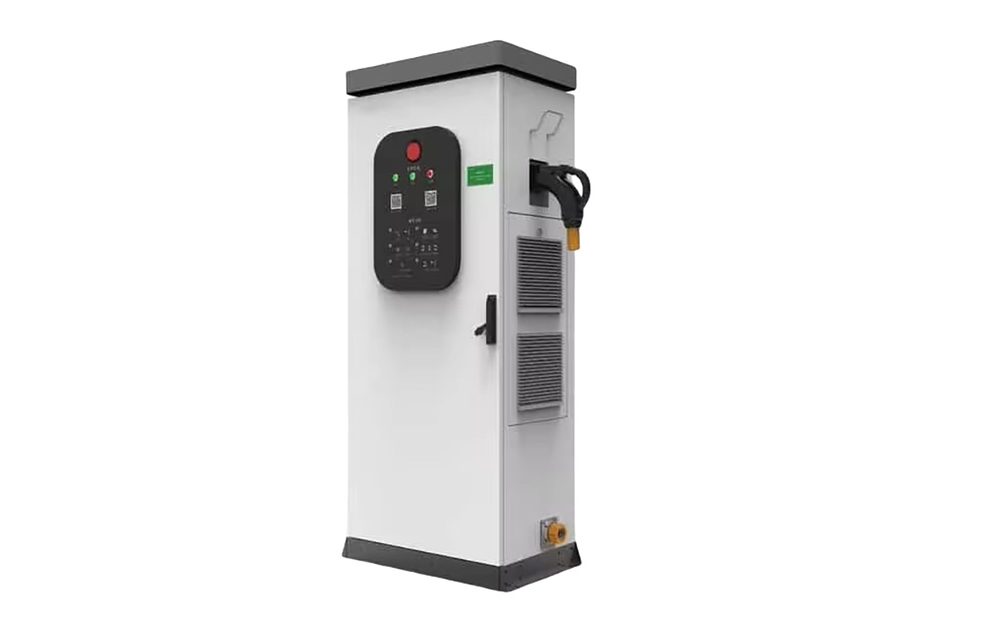 Custom EV charger enclosure with cable entry and connector detail on stainless frame