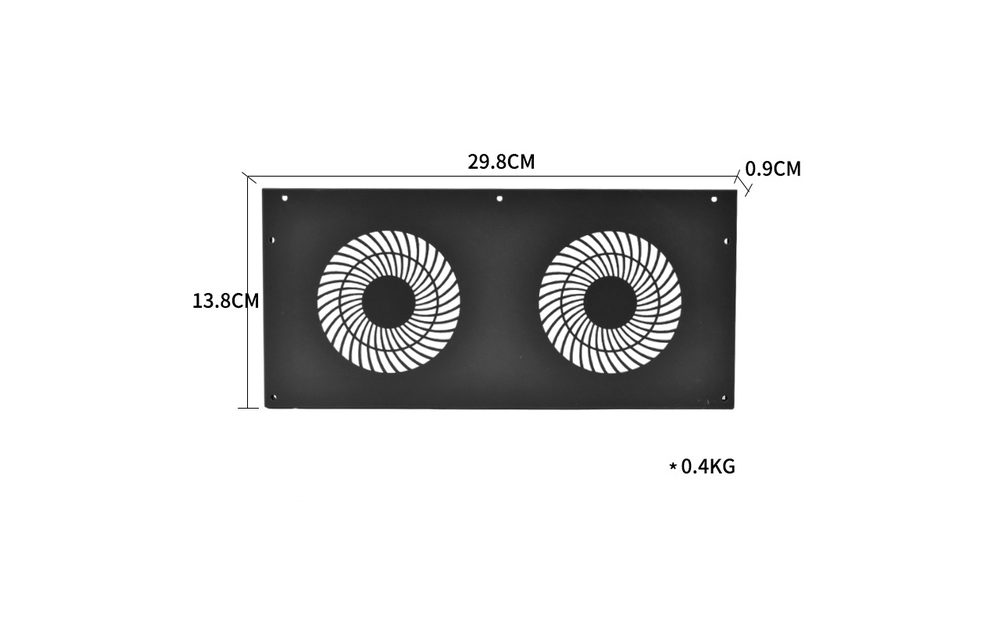 Sheet metal ventilation fan grille panel with two circular fan cutouts and dimension callouts